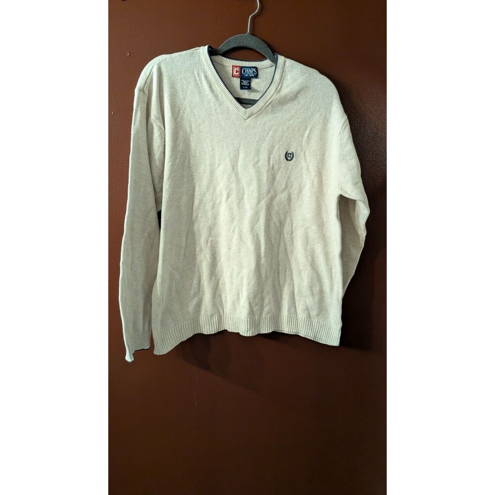 Chaps Ralph Lauren Cream Cotton V-Neck Sweater L/XL Preppy Crest Logo